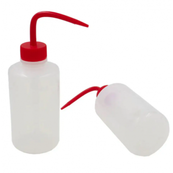 Spray battle with a curved tube-funnel (red cap)